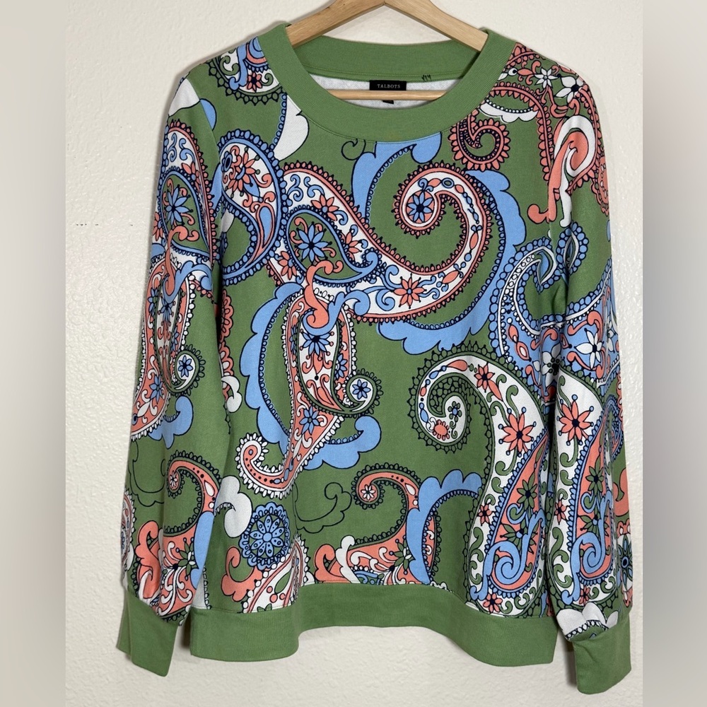 Talbots Paisley Crewneck Cotton Blend Sweatshirt Green Vibrant Sweater Medium - Picture 7 of 7